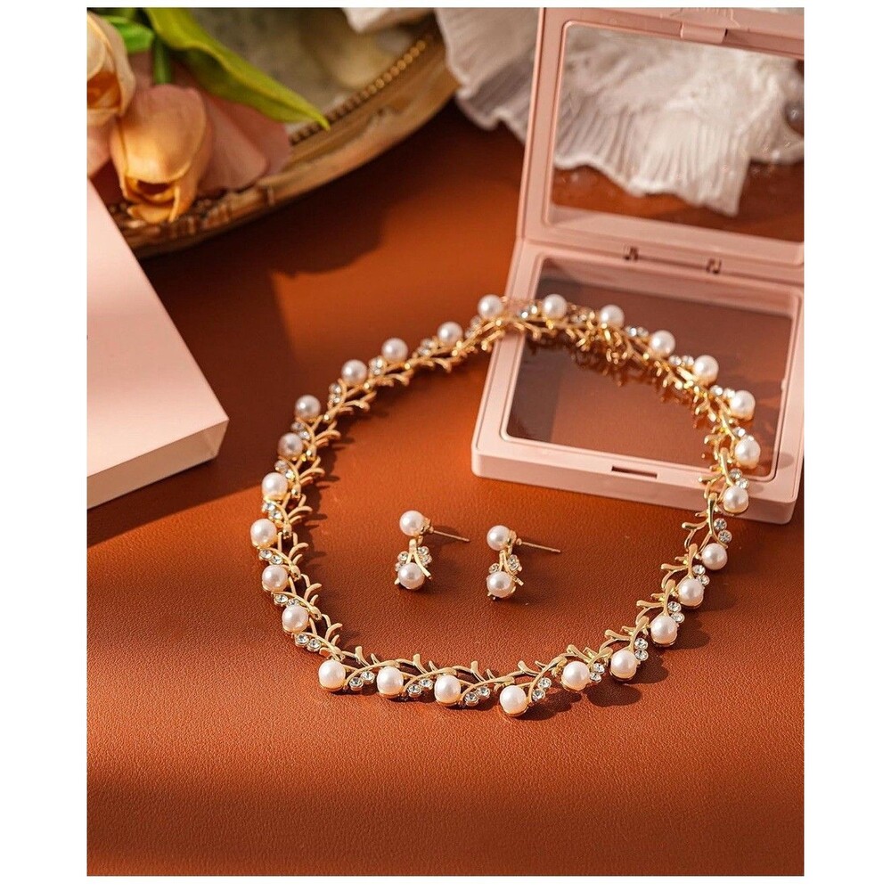 Bridal Jewelry Set Women Necklace Earrings Stylish Fancy Pearl Rhinestone Choker